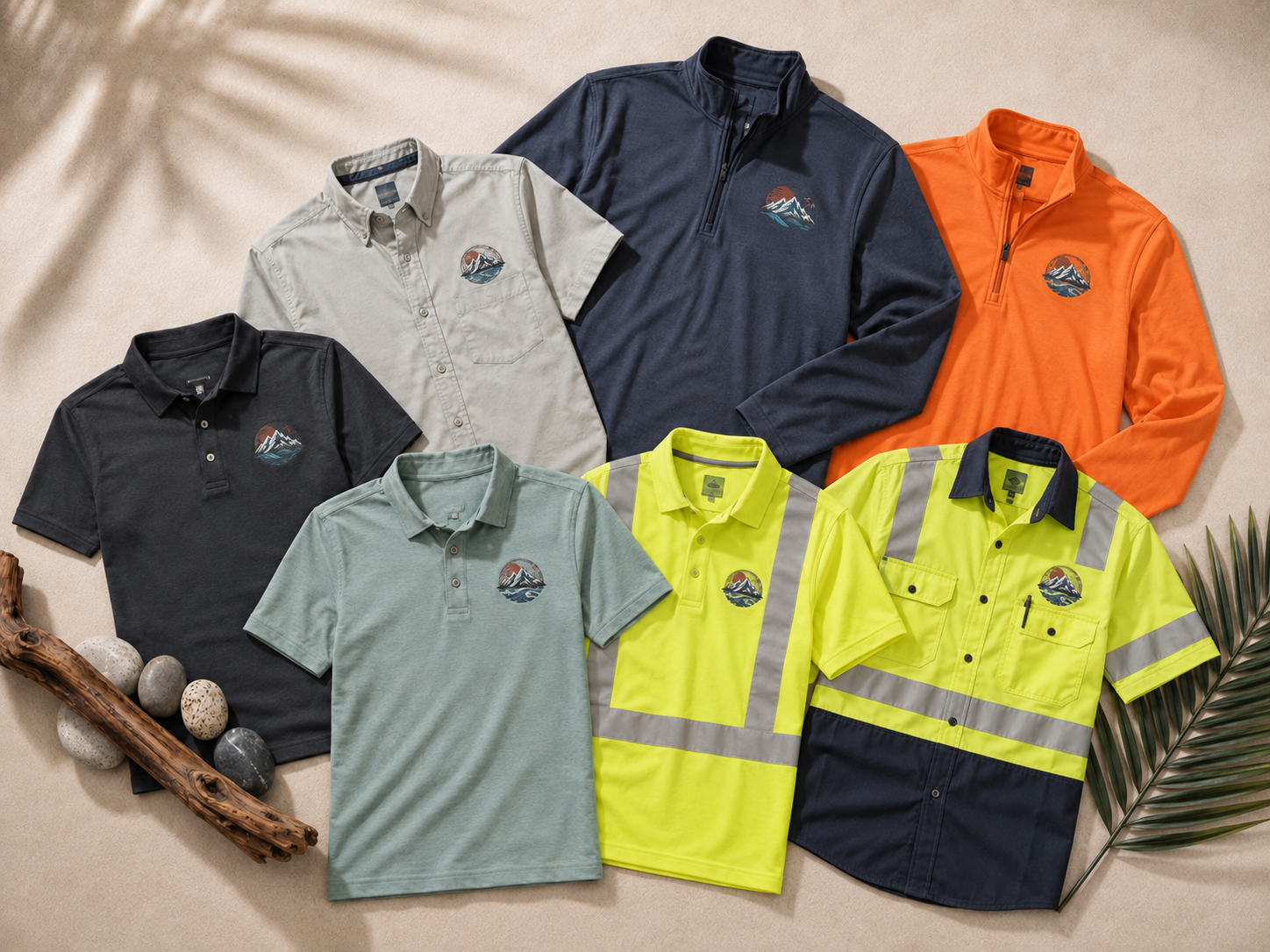 Branded polos and button-downs produced by Rise & Tide